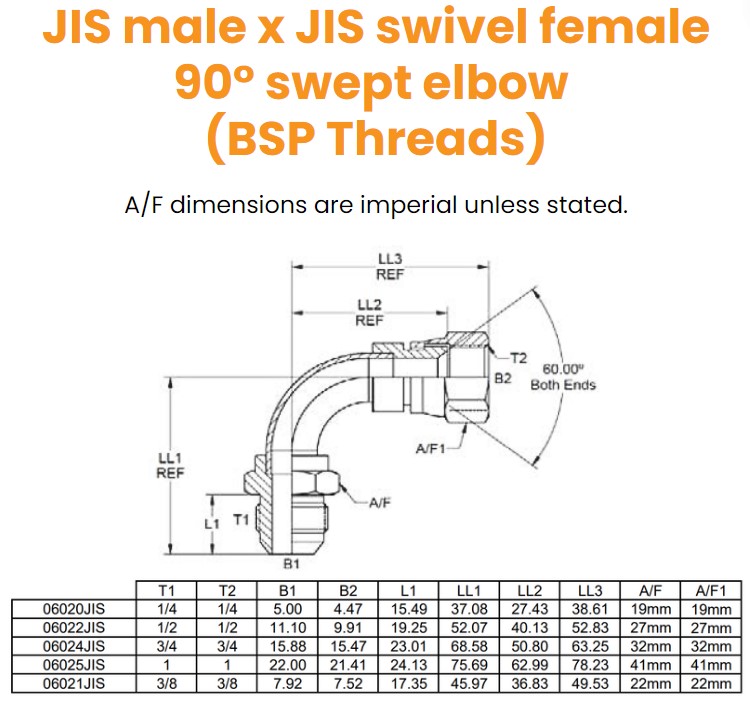 1/4 JIS M/F 90° Swept (BSP Threads) Hydraulic Adaptor